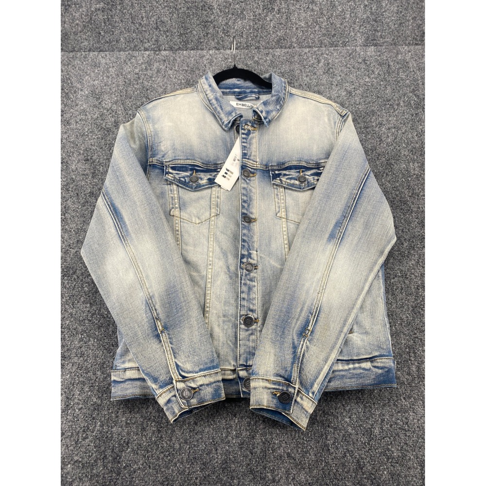Embellish NYC Denim Jacket EMBH218-17 Mens Medium Light Wash Distressed Trucker